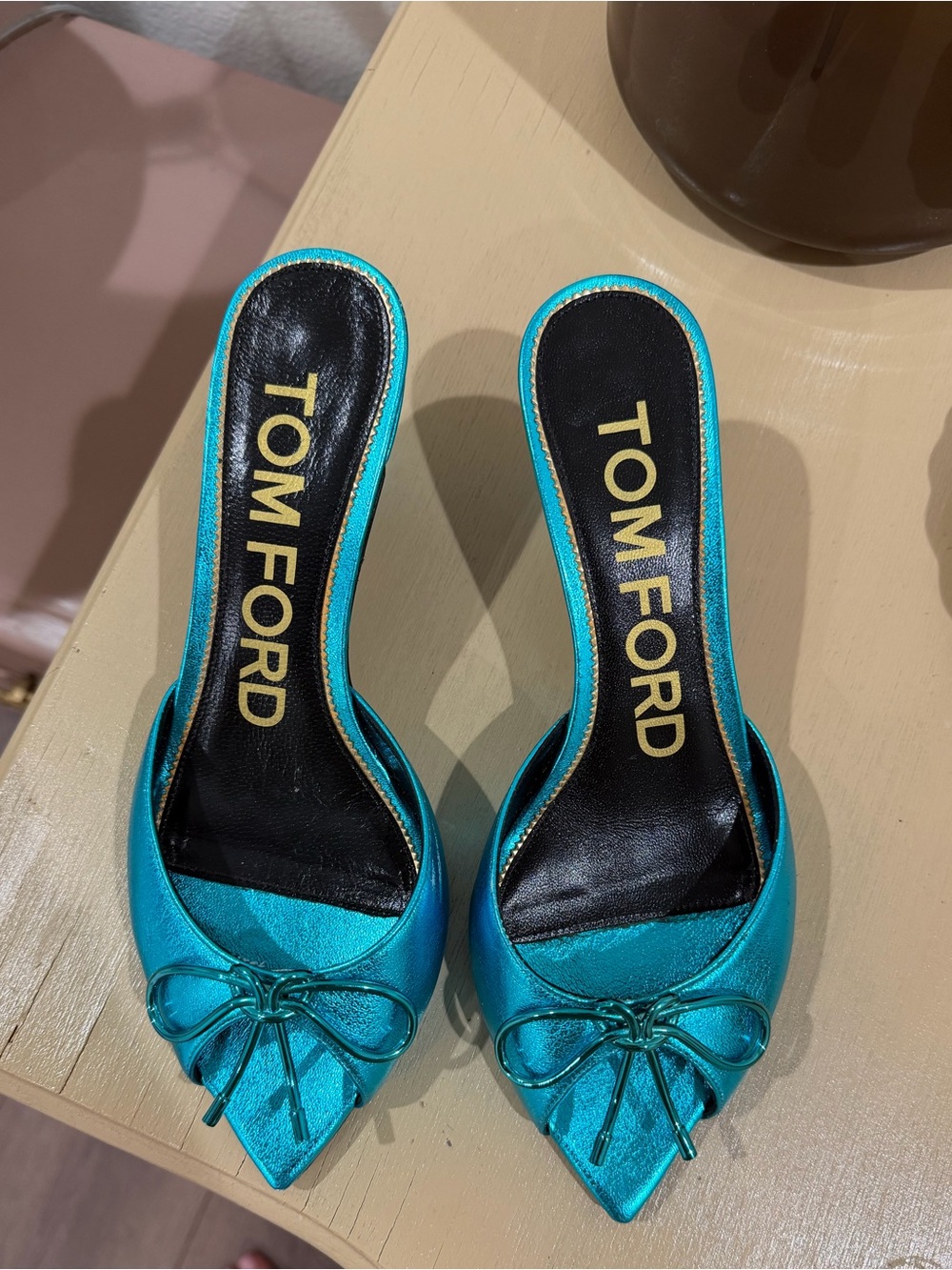 Tom Ford Teal Satin Pointed Toe Mule with Bow